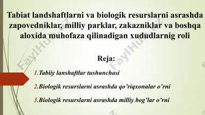 tabiat landshaftlarni va biologik resurslarni asrashda zapovedniklar, milliy parklar, zakazniklar va boshqa aloxida muhofaza qilinadigan xududlarnig roli — PPT
