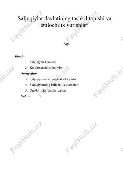 saljuqiylar davlatining tashkil topishi va istilochilik yurishlari — DOC