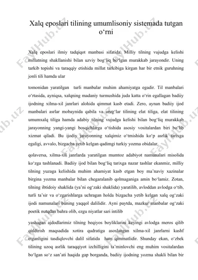 xalq eposlari tilining umumlisoniy sistemada tutgan o‘rni — DOC