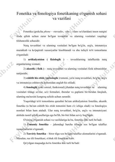 fonetika va fonologiya fonetikaning o'rganish sohasi va vazifasi — DOC