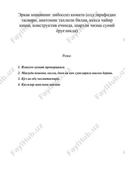 эркак кишининг либоссиз комати (олд тарафидан тасвири, анатомик тахлили билан, кекса чайир киши, конструктив ечимда, шартли чизма суний ёруғликда) — DOC