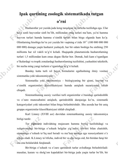 ipak qurtining zoologik sistematikada tutgan o’rni — DOCX