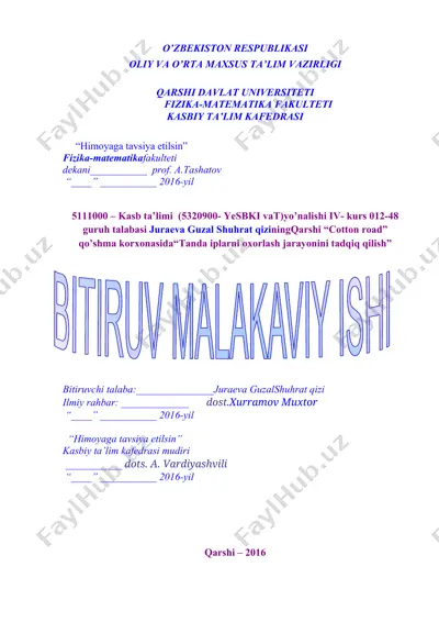 qarshi “cotton road” qo’shma korxonasida“tanda iplarni oxorlash jarayonini tadqiq qilish” — DOCX