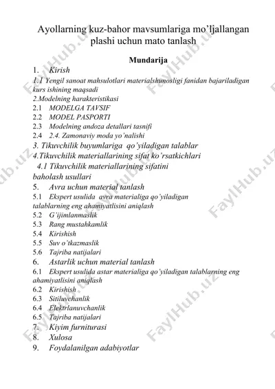 ayollarning kuz-bahor mavsumlariga mo’ljallangan plashi uchun mato tanlash — DOCX