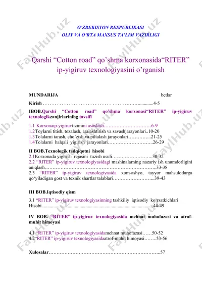 qarshi “cotton road” qo’shma korxonasida “riter” ip-yigiruv texnologiyasini o’rganish — DOC