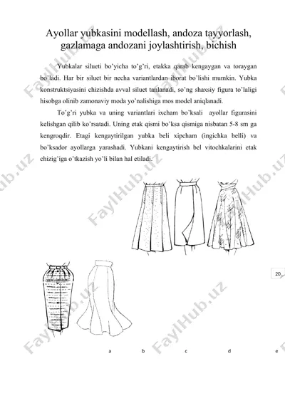 ayollar yubkasini modellash, andoza tayyorlash, gazlamaga andozani joylashtirish, bichish — DOC