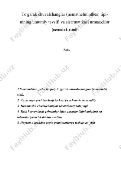 to'garak chuvalchanglar (nemathelminthes) tipi-nining umumiy tavsifi va sistematikasi nematodalar (nematoda) sinfi — DOCX
