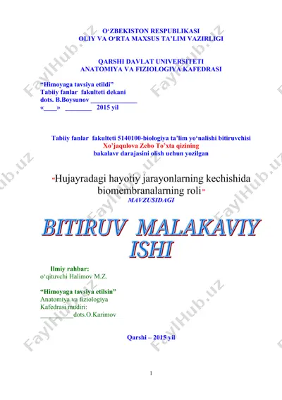 hujayradagi hayotiy jarayonlarning kechishida biomembranalarning roli — DOC