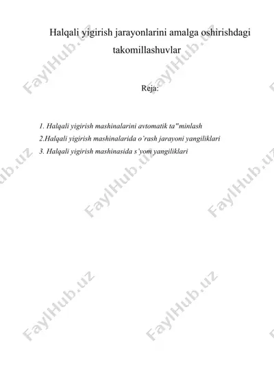 halqali yigirish jarayonlarini amalga oshirishdagi takomillashuvlar — DOC