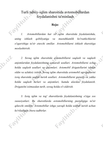 turli tabiiy-iqlim sharoitida avtomobillardan foydalanishni ta'minlash — DOC