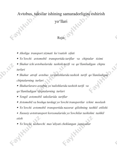 avtоbus, taksilar ishining samaradоrligini оshirish yo‘llari — DOCX