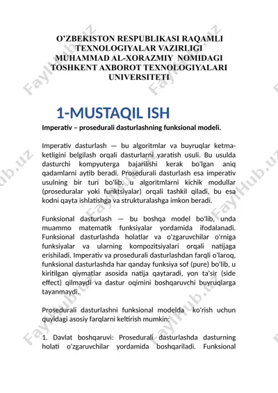 imperativ – prosedurali dasturlashning funksional modeli — DOCX