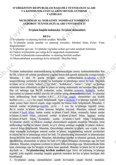 to‘plam haqida tushuncha. to‘plam elementlari — DOCX