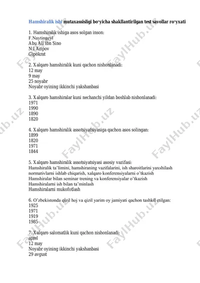 hamshiralik ishi bo‘yicha test savollar ro‘yxati — PDF
