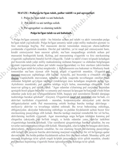 pullarga bo‘lgan talab, pullar taklifi va pul agregatlari — DOCX