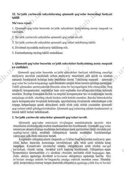 xo‘jalik yurituvchi subyektlarning qimmatli qog‘ozlar bozoridagi faoliyati tahlili — PDF