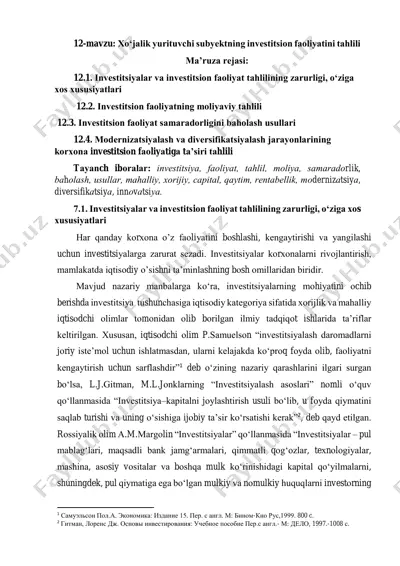 xo‘jalik yurituvchi subyektning investitsion faoliyatini tahlili — PDF