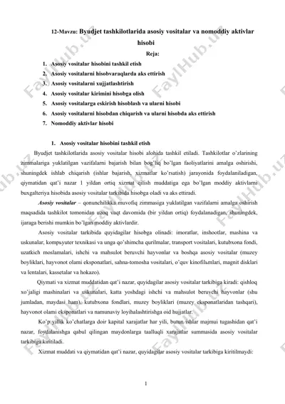 byudjet tashkilotlarida asosiy vositalar va nomoddiy aktivlar hisobi — DOCX