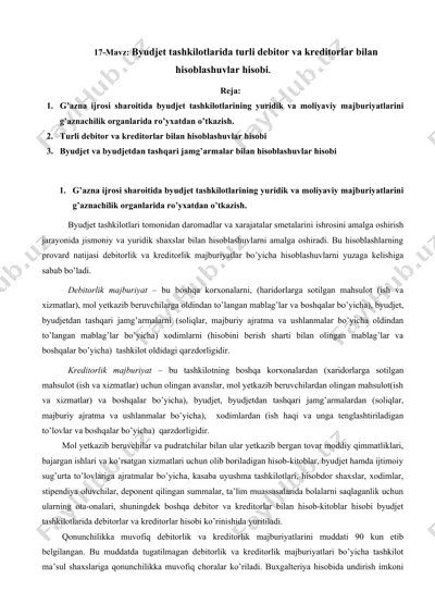 byudjet tashkilotlarida turli debitor va kreditorlar bilan hisoblashuvlar hisobi — DOCX