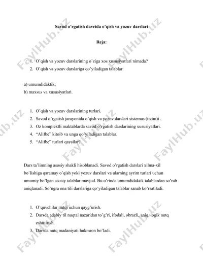 savod o‘rgatish davrida o‘qish va yozuv darslari — DOCX