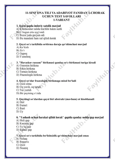 11-sinf ona tili va adabiyot fanidan 1-chorak uchun test savollari — PDF