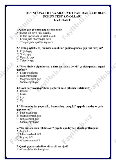 10-sinf ona tili va adabiyot fanidan 3-chorak uchun test savollari — PDF