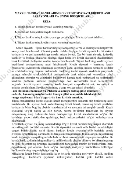 tijorat banklarining kredit siyosati, kreditlash jarayonlari va uning bosqichlari — DOCX