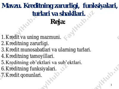 kreditning zarurligi, funksiyalari, turlari va shakllari — PDF