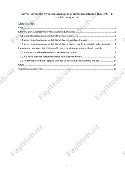 axborotni foydalanuvchanligini ta’minlashda antivirus, ids, ips, te vositalarining o‘rni — DOCX