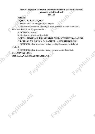 bipolyar tranzistor xarakteristikalarini o‘lchash va asosiy parametrlarini hisoblash — DOCX