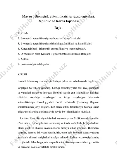 biometrik autentifikatsiya texnologiyalari. republic of korea tajribasi — DOCX