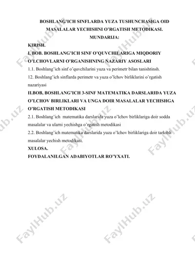 boshlang’ich sinflarda yuza tushunchasiga oid masalalar yechishni o’rgatish metodikasi — DOCX