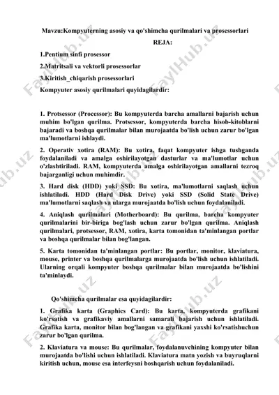 kompyuterning asosiy va qo'shimcha qurilmalari va prosessorlari — DOCX