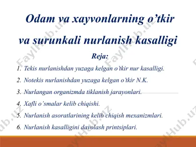 odam va xayvonlarning o’tkir va surunkali nurlanish kasalligi — PPTX