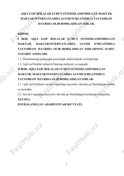 aqli zaif bolalar uchun ixtisoslashtirilgan maktabda savod o’rgatishga tayyorlov — DOCX