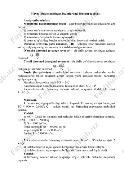 raqobatlashgan bozorlardagi firmalar faoliyati — DOCX