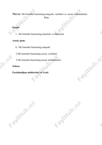 ma’lumotlar bazasining maqsadi, vazifalari va asosiy tushunchalari — DOCX