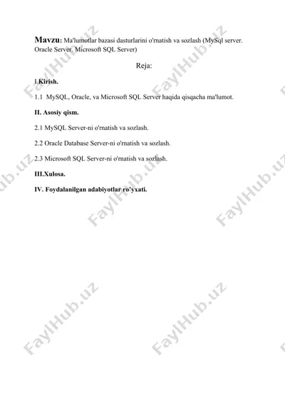 ma'lumotlar bazasi dasturlarini o'rnatish va sozlash (mysql server, oracle server, microsoft sql server) — DOCX