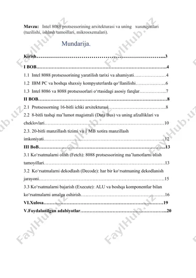 intel 8088 protsessorining arxitekturasi va uning xususiyatlari — DOCX
