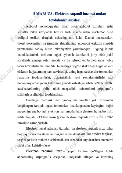 elektron raqamli imzo va undan foydalanish asoslari — PDF