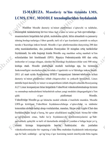 15-maruza. masofaviy ta’lim tizimida lms, lcms, cmc, moodle texnologilaridan foydalanish — PDF