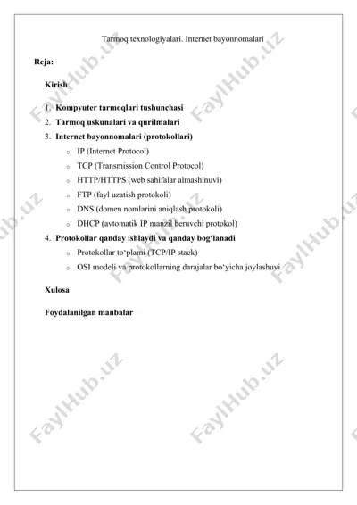 tarmoq texnologiyalari. internet bayonnomalari — DOCX