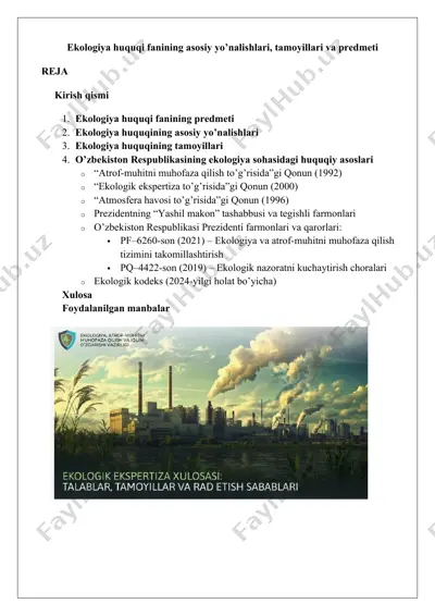 ekologiya huquqi fanining asosiy yo’nalishlari, tamoyillari va predmeti — DOCX