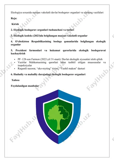 ekologiya sohasida maxsus vakolatli davlat boshqaruv organlari va ularning vazifalari — DOCX