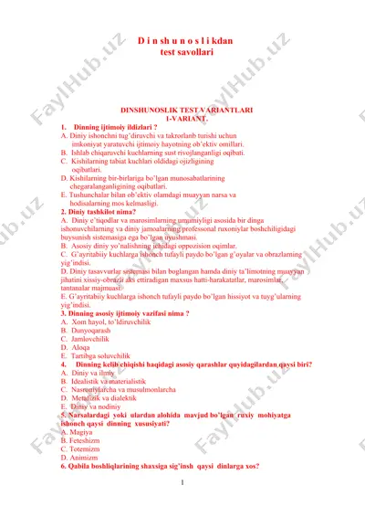 dinshunoslikdan test savollar to'plami (1,2,3,4,5-variant) — DOC