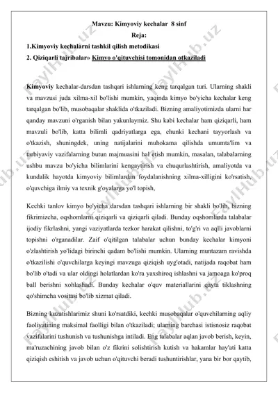 8 sinfda kimyoviy kechalari o'tkazish metodikasi — DOCX