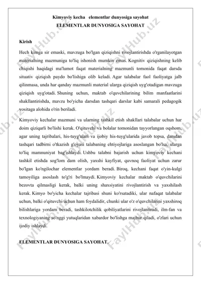 kimyoviy kecha elementlar dunyosiga sayohat — DOCX