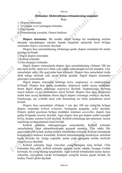eritmalar. elektrolitmas eritmalarning xossalari — DOCX