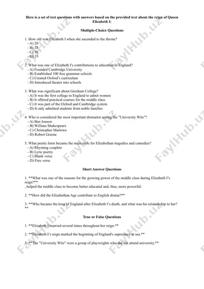 elizabeth i ning hukmronligi haqidagi savollar to'plami — DOCX