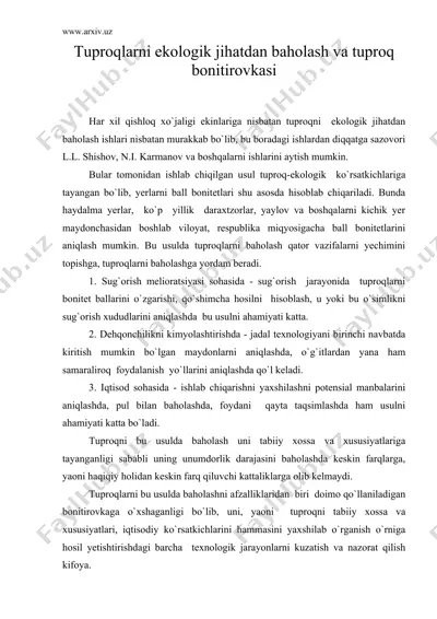 tuproqlarni ekologik jihatdan baholash va tuproq bonitirovkasi — DOC